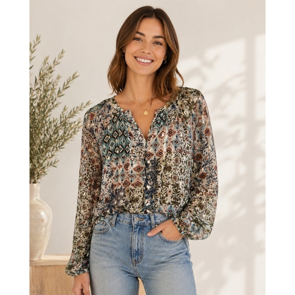 Haver + Blair London Boho Patchwork Metallic Shimmer Blouse Multi Color Medium